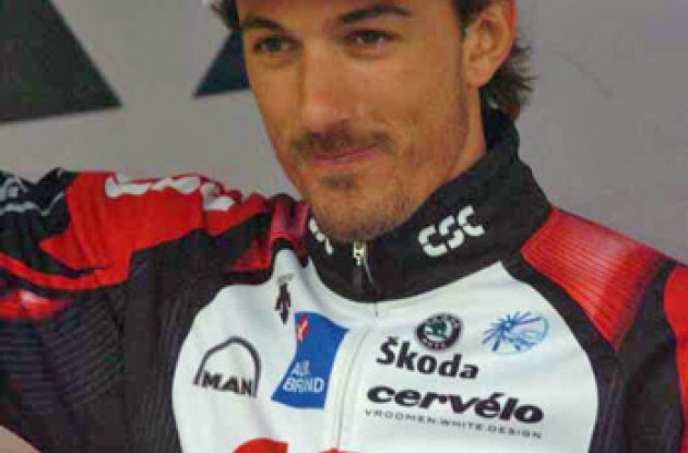 Today's time trial winner Fabian Cancellara on the podium. Photo copyright Fotoreporter Sirotti.