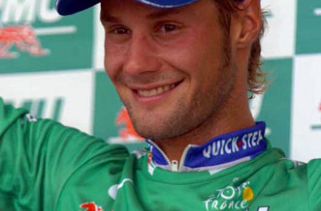 Tom Boonen on the podium wearing the green sprinter's jersey. Photo copyright Fotoreporter Sirotti.