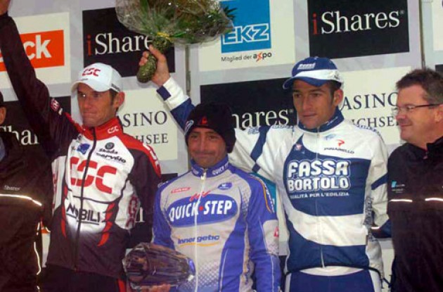 Bettini, Schleck, and Bernucci on the podium in Zürich, Switzerland. Photo copyright Fotoreporter Sirotti.
