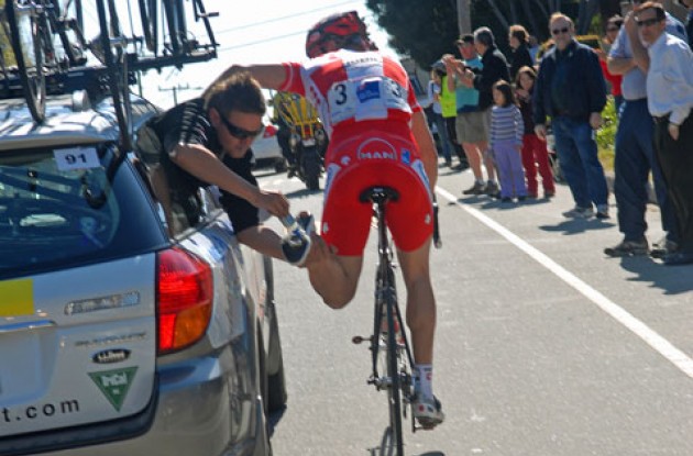 Cancellara gets his left cleat oiled. Photo copyright Roadcycling.com.