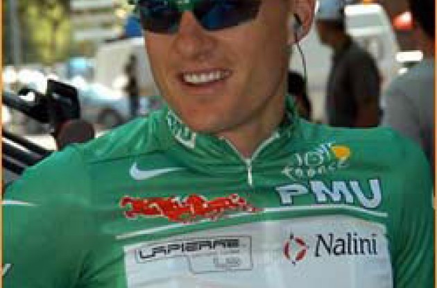 Baden Cooke wearing the green jersey at the Tour de France.