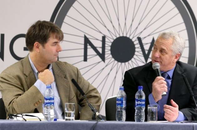 Photo: Jaimie Fuller and Greg LeMond at the Change Cycling Now press conference.