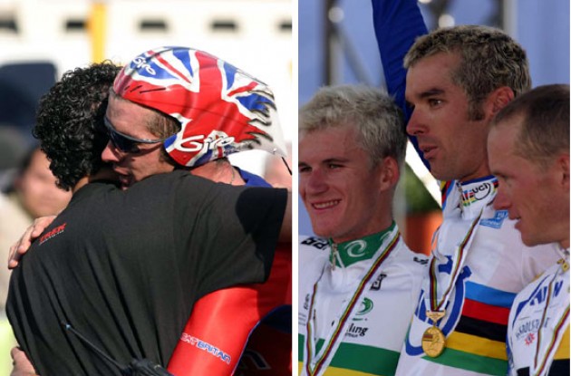 Left: A happy World Champion hugs a friend. Right: Rogers, Millar and Peschel on the podium in sunny Hamilton. Photo copyright Paul Sampara Photography.