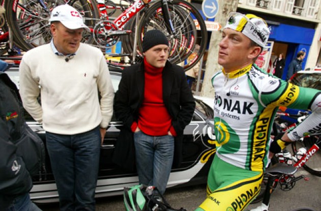 Tyler Hamilton with Team CSC manager and former Tour winner Bjarne Riis. Photo copyright Lars Ronbog.