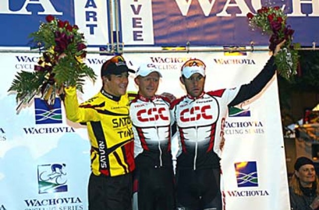 McCormack (2nd), Piil (1st) and Dean (3rd) on the podium. Photo copyright Wachovia Cycling.
