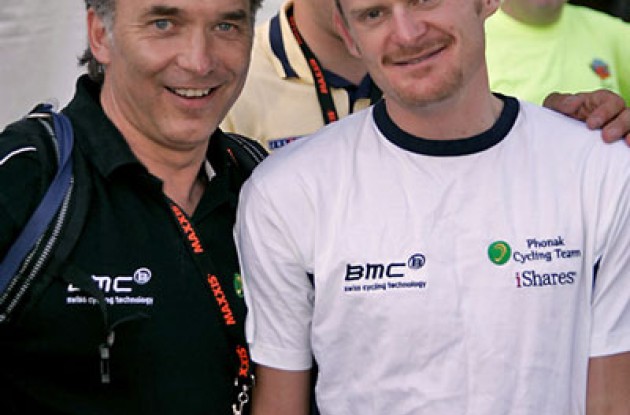 Floyd Landis with soigneur. Photo copyright Ben Ross/Roadcycling.com/<A HREF="http://www.benrossphotography.com" TARGET=_BLANK>www.benrossphotography.com</A>.