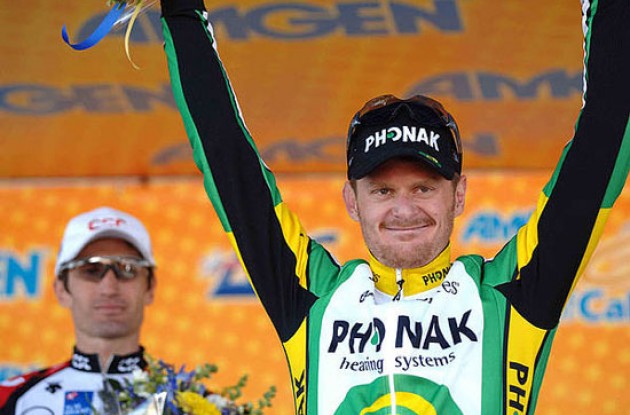 Race leader Floyd Landis on the podium. Photo copyright Roadcycling.com.