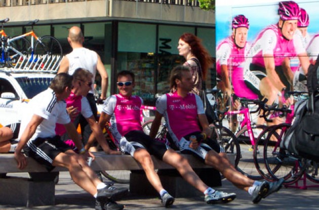 T-Mobile riders stretch their legs before the start. The team only sent six riders to Denmark. No - Ullrich isn't one of them. Photo copyright Roadcycling.com.