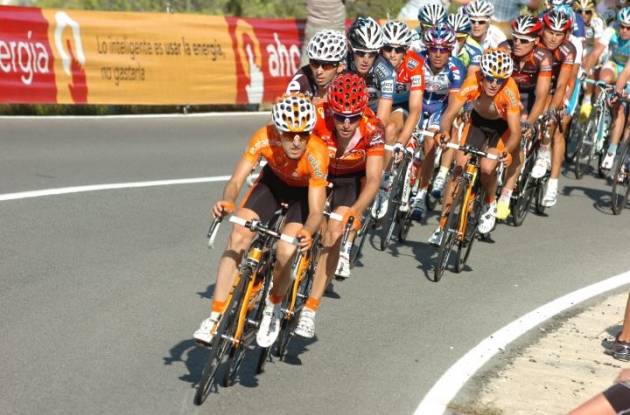 Team Euskaltel leads the peloton. Photo copyright Fotoreporter Sirotti. Team Euskaltel leads the peloton. Photo copyright Fotoreporter Sirotti.