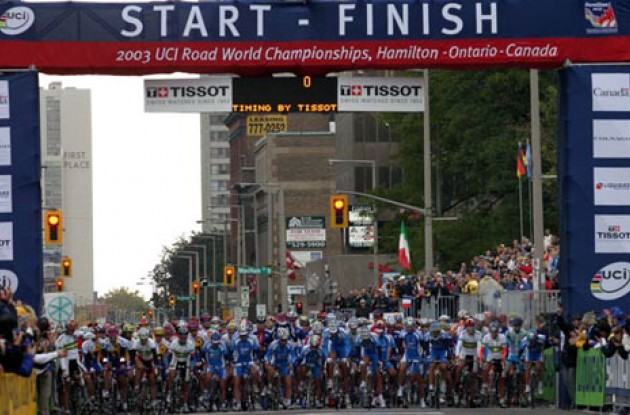 Most of the world's top riders at the start line in Hamilton, Ontario, Canada. Photo copyright Paul Sampara Photography.