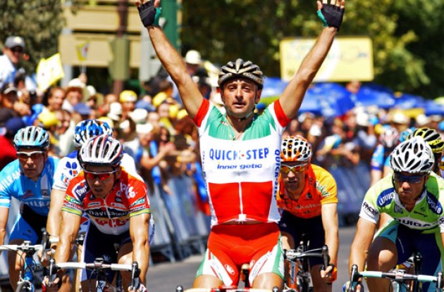Paolo Bettini (Quick Step) takes the stage win. Photo copyright Roadcycling.com.