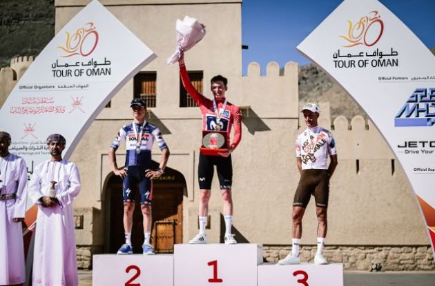 Matteo Jorgenson, Mauri Vansevenant and Geoffrey Bouchard on the Tour of Oman podium