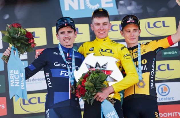 Tadej Pogacar on Paris-Nice podium with David Gaudu and Jonas Vingegaard