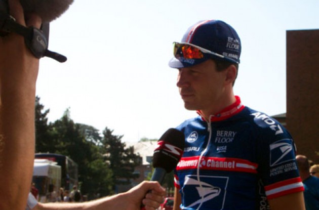 Max van Heeswijk is interviewed by members of the Danish press. Photo copyright Roadcycling.com.