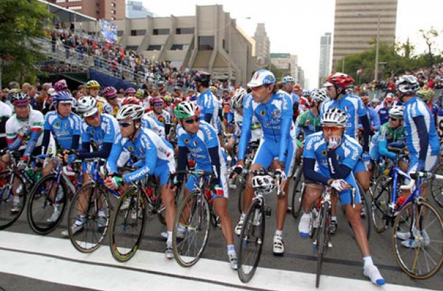 Team Italia waits for the start. Bettini looks set for another win.  Photo copyright Paul Sampara Photography.