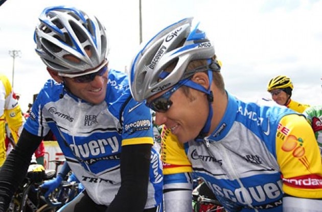 Armstrong and Danielson chat at the start line. Photo copyright Ben Ross/Roadcycling.com/www.benrossphotography.com.