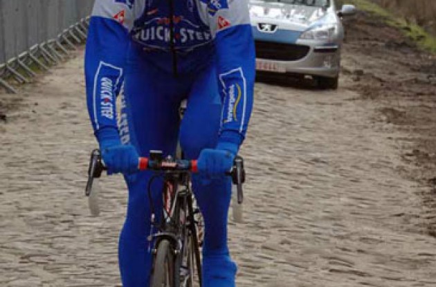 Filippo Pozzato (Quick Step) checks out the renovated Arenberg pavé. Photo copyright Fotoreporter Sirotti. Filippo Pozzato (Quick Step) checks out the renovated Arenberg pavé. Photo copyright Fotoreporter Sirotti.
