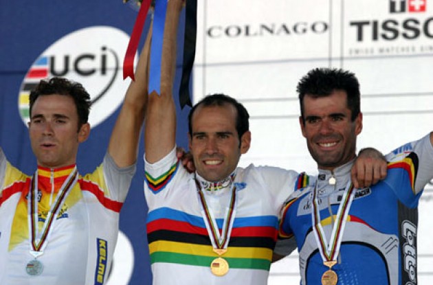Three proud medalists. Valverde Belmonte (Spain), Astarloa (Spain) and Van Petegem (Belgium). Photo copyright Paul Sampara Photography.