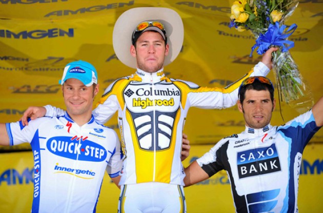 Cavendish, Boonen and Haedo on the podium. Photo copyright TDWsports.com.