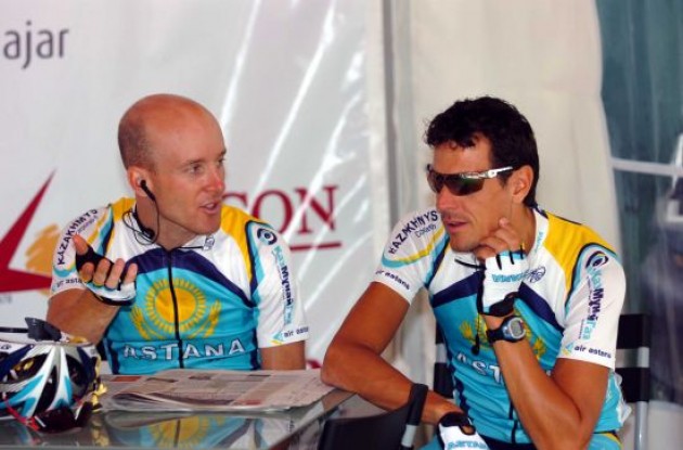 Levi Leipheimer and Andreas KlÃ¶den (Team Astana) at the start in Granada.