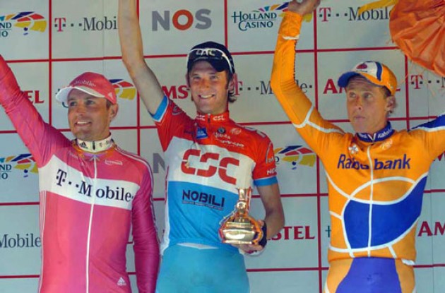 Top 3: Schleck (Team CSC), Wesemann (T-Mobile) and Boogerd (Rabobank) on the podium. Photo copyright Fotoreporter Sirotti.