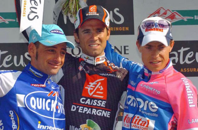 Top 3 on the podium: Valverde, Bettini and Cunego. Photo copyright Fotoreporter Sirotti.