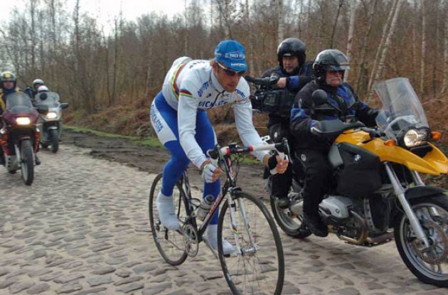 Will World Champion Tom Boonen be the first rider to rach the decisive Arenberg pavé on Sunday? Stay tuned to Roadcycling.com to find out. Photo copyright Fotoreporter Sirotti.