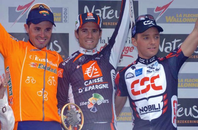 Top 3: Valverde, Sanchez and Kroon on the podium. Photo copyright Fotoreporter Sirotti. Top 3: Valverde, Sanchez and Kroon on the podium. Photo copyright Fotoreporter Sirotti.