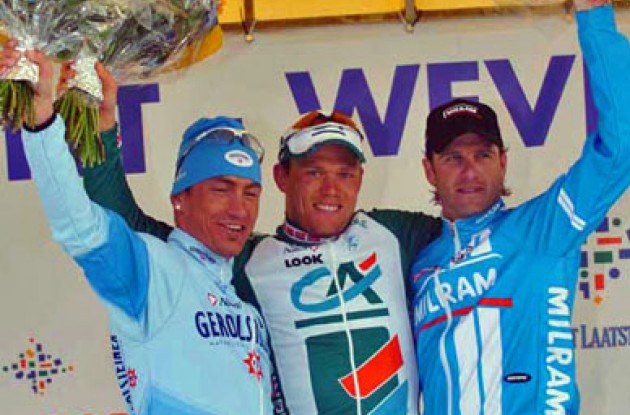 Top 3 on the podium: Hushovd, Kopp and Petacchi. Photo copyright Fotoreporter Sirotti.