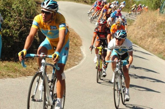 Alberto Contador (Team Astana) after his crash - closely followed by loyal teammate Levi Leipheimer.