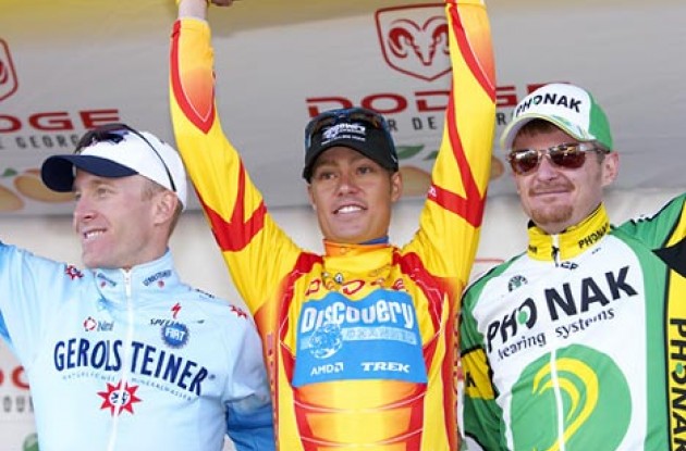 Levi Leipheimer (2nd - Gerolsteiner), Tom Danielson (Discovery - 1st), and Floyd Landis (Phonak - 3rd) on the podium. Photo copyright Ben Ross/Roadcycling.com/www.benrossphotography.com.