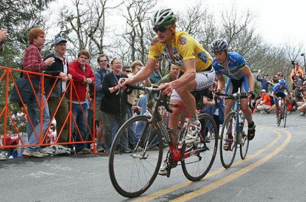 Floyd Landis leads Danielson up Brasstown Bald. Photo copyright Ben Ross/Roadcycling.com/<A HREF="http://www.benrossphotography.com" TARGET=_BLANK>www.benrossphotography.com</A>.