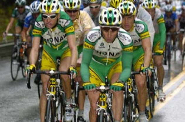Team Phonak and Floyd Landis lead the peloton on the climb to Wolfpen Gap. Photo copyright Casey Gibson.