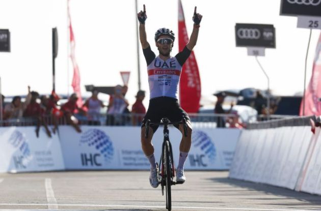 Adam Yates crosses the finish line as winner of stage 7 of UAE Tour