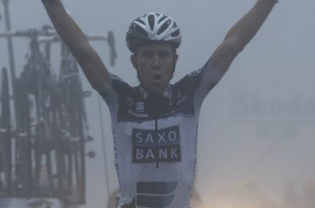 A proud and relieved Chris Anker SÃ¸rensen wins stage 8 of the 2010 Giro d'Italia.