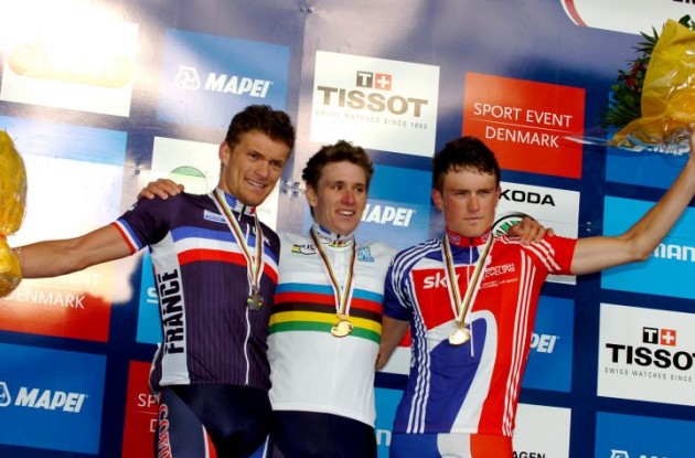 Triple A: Arnaud Demare, Adrien Petit and Andrew Fenn on the podium in Denmark. Photo Fotoreporter Sirotti.