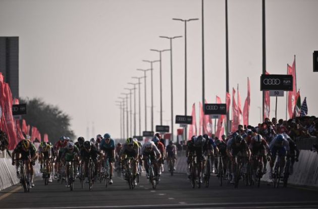 Dylan Groenewegen wins the sprint across the finish line in stage 5 of UAE Tour 2023