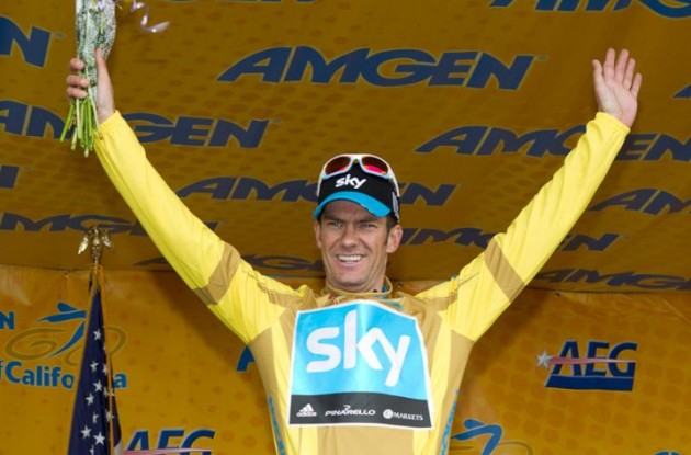 Team Sky's Greg Henderson celebrates his stage win and Tour of California lead on the podium in Modesto.