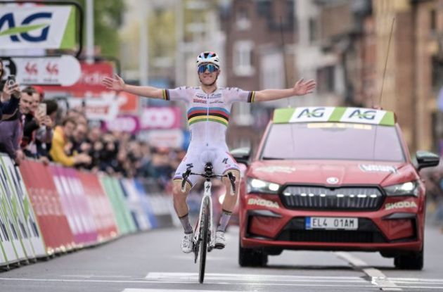 Remco Evenepoel is the winner of Liege-Bastogne-Liege 2023 | A.S.O. Remco Evenepoel crosses the finish line as winner of Liege-Bastogne-Liege 2023