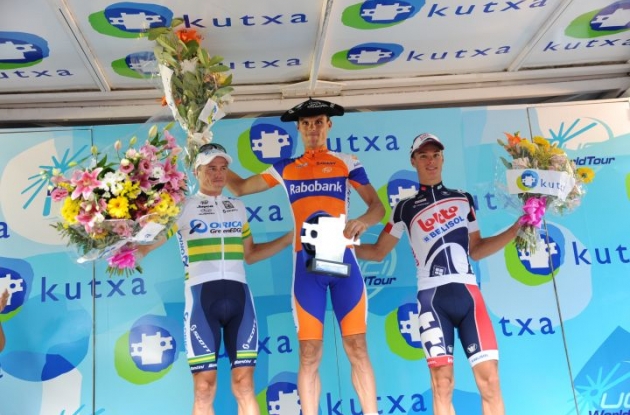 Luis Leon Sanchez, Simon Gerrans and Gianni Meersman on the podium in San Sebastian. Photo Fotoreporter Sirotti.