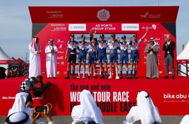 Remco Evenepoel and other Team Soudal-QuickStep riders celebrate their UAE Tour team time trial win