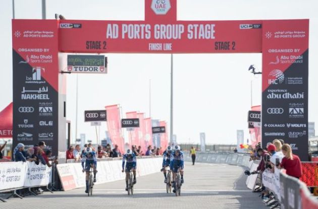 Stage winners Team Soudal-QuickStep crossing the finish line