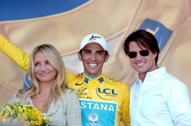 Alberto Contador with Tom Cruise and Cameron Diaz in the 2010 Tour de France - but not in the 2010 cycling World Championships. Photo copyright Fotoreporter Sirotti.