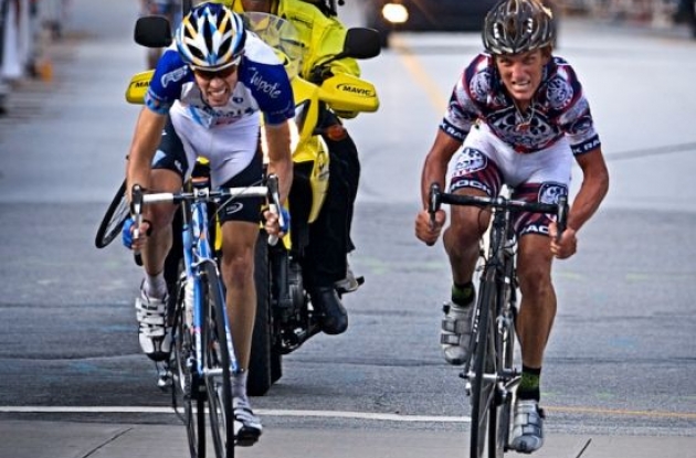 Tyler Hamilton (Team Rock Racing) and Blake Caldwell (Team Garmin-Chipotle) fight their way to the finish line. Photo copyright <A HREF="http://pa.photoshelter.com/usr-show/U0000yEwV90OAoAE" TARGET="_BLANK">Ben Ross</A>.