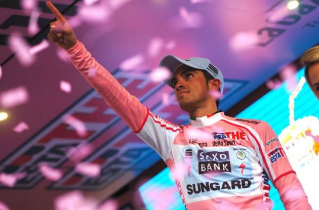 Alberto Contador dedicates his Giro d'Italia mountain time trial victory to his friend and fellow pro cyclist Xavier Tondo who died in a tragic accident yesterday. Photo Fotoreporter Sirotti.
