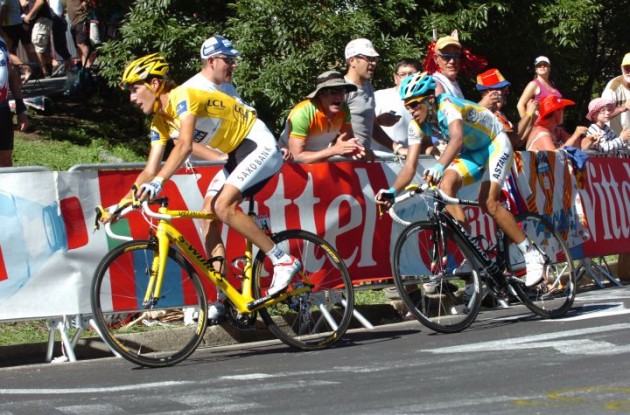 Andy Schleck (Team Saxo Bank) and Alberto Contador (Team Astana) climb. Photo copyright Fotoreporter Sirotti.