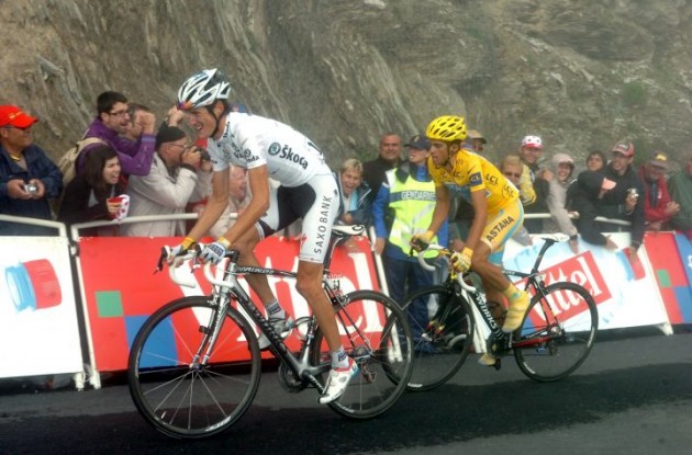 Andy Schleck and Alberto Contador climb. Photo copyright Fotoreporter Sirotti.