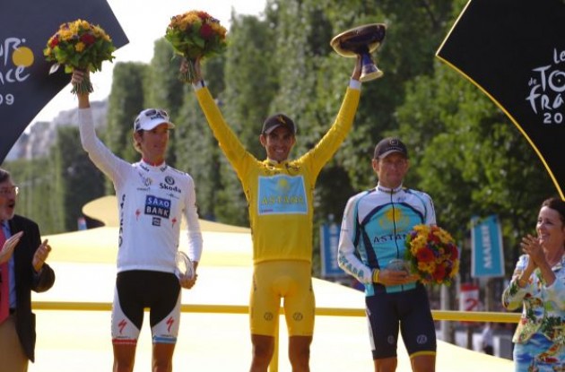 The top 3 on the podium. Alberto Contador (Team Astana), Andy Schleck (Team Saxo bank) and last but definitely not least Lance Armstrong (Team Astana). Photo copyright Fotoreporter Sirotti. The top 3 on the podium. Alberto Contador (Team Astana), Andy Schleck (Team Saxo bank) and last but definitely not least Lance Armstrong (Team Astana). Photo copyright Fotoreporter Sirotti.