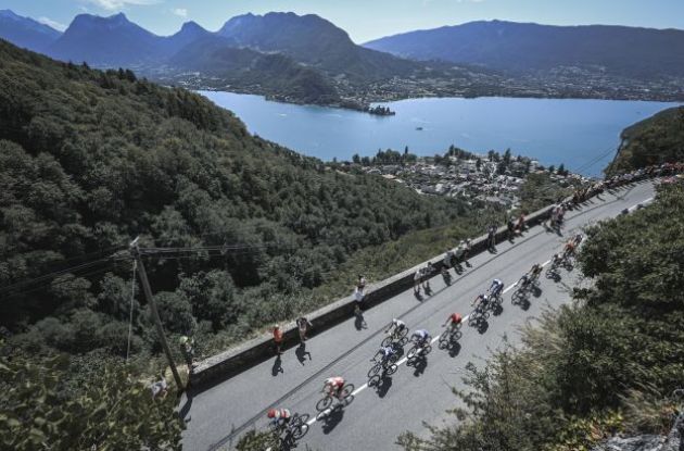 Tour de France cyclists passing by Lac Annecy