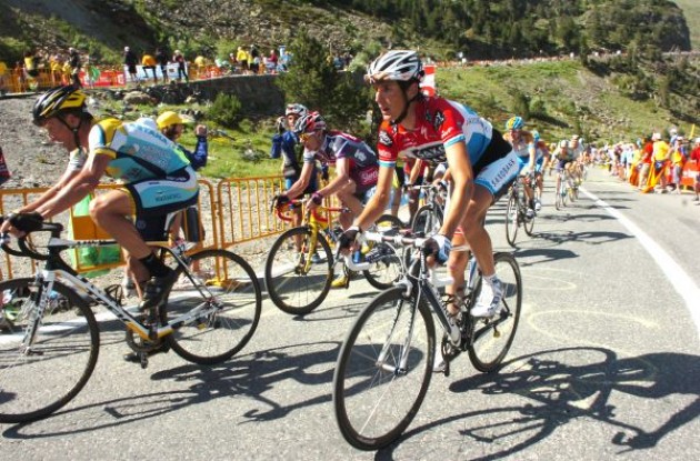 Lance Armstrong, Andy Schleck, Cadel Evans climb. Photo copyright Fotoreporter Sirotti.
